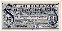 1920 AD., Germany, Weimar Republic, Biedenkopf (city), Notgeld, currency issue, 25 Pfennig, Grabowski B43.2a. 002503 Obverse