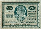 1921 AD., Germany, Weimar Republic, Remagen (town), Notgeld, currency issue, 25 Pfennig, Grabowski R24.2a. 092834 Obverse 