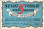 1921 AD., Germany, Weimar Republic, Torgau (town), Notgeld, collector series issue, 5 Pfennig, Grabowski/Mehl 1331.3a-1/4. Obverse 