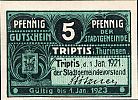 1921 AD., Germany, Weimar Republic, Triptis (town), Notgeld, currency issue, 5 Pfennig, Grabowski T28.3a. Obverse 
