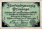 1920 AD., Germany, Weimar Republic, Aschersleben (town), Notgeld, collector series issue, 25 Pfennig, Grabowski/Mehl 50.1-3/10. Obverse 