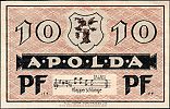 1921 AD., Germany, Weimar Republic, Apolda (city), Notgeld, collector series issue, 10 Pfennig, Grabowski/Mehl 36.1-1/2. Reverse 