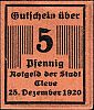 1920 AD., Germany, Weimar Republic, Cleve (city), Notgeld, currency issue, 5 Pfennig, Tieste 1155.20.01. Obverse 