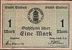 1919 AD., Germany, Weimar Republic, Emden (city), Notgeld, currency issue, 1 Mark, Geiger 131.01b. Obverse