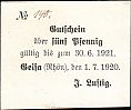 1920 AD., Germany, Weimar Republic, Geisa (J. Lustig), Notgeld, currency issue, 5 Pfennig, Tieste 2135.05.20. 140 Obverse