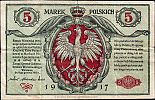 1917 AD., Kingdom of Poland, German Occupation WWI, Polska Krajowa Kasa, 5 Polish Marek, World Paper Money P-10b. B 0361057 Obverse