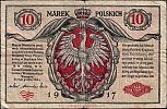 1917 AD., Kingdom of Poland, German Occupation WWI, Polska Krajowa Kasa, 10 Polish Marek, World Paper Money P-12. A 5102240 Obverse