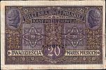 1917 AD., Kingdom of Poland, German Occupation WWI, Polska Krajowa Kasa, 20 Polish Marek, World Paper Money P-4. A 3401127 Reverse