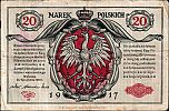 1917 AD., Kingdom of Poland, German Occupation WWI, Polska Krajowa Kasa, 20 Polish Marek, World Paper Money P-4. A 3401127 Obverse