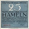 1921 AD., Germany, Weimar Republic, Hameln (town), Notgeld, collector series issue, 25 Pfennig, Grabowski/Mehl 566.1a-1/4. 016141 Obverse