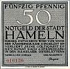 1921 AD., Germany, Weimar Republic, Hameln (town), Notgeld, collector series issue, 50 Pfennig, Grabowski/Mehl 566.1a-2/4. 016136 Obverse