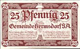1919 AD., Germany, Weimar Republic, Hermsdorf (municipality), Notgeld, currency issue, 25 Pfennig, Grabowski H29.3b. 34270 Reverse