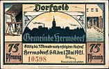 1921 AD., Germany, Weimar Republic, Hermsdorf (municipality), Notgeld, collector series issue, 75 Pfennig, Grabowski/Mehl 600.1-4/4. 10598 Obverse
