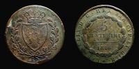 1826 AD., Italian States, Kingdom of Sardinia, Charles Felix, Turin mint, 5 Centesimi, KM 100.2.