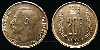 1981 AD., Luxembourg, Jean I, Brussels mint, 20 Francs, KM 58.