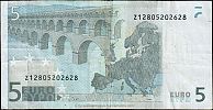 European Union, European Central Bank, Pick 1z. 5 Euro, 2002 AD. Printer: Banque Nationale de Belgique, Belgium, T001C3-Z12805202628 Reverse 