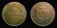 1859 AD., Italy, Toscana, provisional government, Victor Emmanuel II, Heaton mint, Birmingham UK, 5 Centesimi, C. 83.