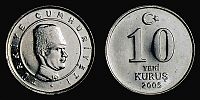 2005 AD., Turkey, Republic, 10 Yeni KuruÅŸ, KM 1166.