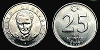 2005 AD., Turkey, Republic, 25 Yeni KuruÅŸ, KM 1167.