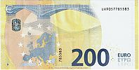 European Union, European Central Bank, Pick 25u. 200 Euro, 2019 AD., Printer: Banque de France, ChamaliÃ¨res, France, UA9057785583-U003B2 Reverse 