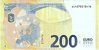 European Union, European Central Bank, Pick 25u. 200 Euro, 2019 AD., Printer: Banque de France, ChamaliÃ¨res, France, UC4070213416-U004A4 Reverse