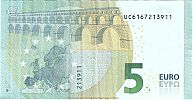 European Union, European Central Bank, Pick 20u. 5 Euro, 2013 AD. Printer: Banque de France, ChamaliÃ¨res, France, UC6167213911-U007G3 Reverse