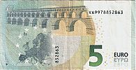 European Union, European Central Bank, Pick 20v. 5 Euro, 2013 AD. Printer: FÃ¡brica Nacional de Moneda y Timbre, Madrid, Spain, V007D6-VA9978852863 Reverse 