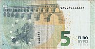 European Union, European Central Bank, Pick 20v. 5 Euro, 2013 AD. Printer: FÃ¡brica Nacional de Moneda y Timbre, Madrid, Spain, V007E1-VA9989446628 Reverse 