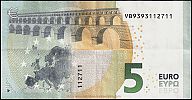 European Union, European Central Bank, Pick 20v. 5 Euro, 2013 AD. Printer: FÃ¡brica Nacional de Moneda y Timbre, Madrid, Spain, V013C5-VB9393112711 Reverse 