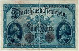 1914 AD., Germany, 2nd Empire, Reichsschuldenverwaltung, Berlin, 5 Mark, Pick 47c. VÂ·12018787 Reverse