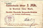 1914 AD., Germany, 2nd Empire, Waldenburg in Schlesien, Fürstlich Plessische Bergwerksdirektion, Notgeld, currency issue, 1 Mark, Tieste 05.35. 1205 Obverse 