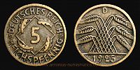 1925 AD., Germany, Weimar Republic, Munich mint, 5 Reichspfennig, Jaeger 308. 