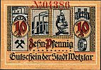 1920 AD., Germany, Weimar Republic, Wetzlar (town), Notgeld, currency issue, 10 Pfennig, Grabowski W36.4a.1. 04386 Reverse 