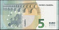 European Union, European Central Bank, Pick 20z. 5 Euro, 2013 AD. Printer: Banque Nationale de Belgique, Brussels, Belgium, Z020A1-ZD5024268094 Reverse 