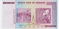 Zimbabwe, 2008 AD., Reserve Bank of Zimbabwe, 500000000 Dollars, Pick 82. AB0597761 Reverse 