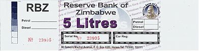 Zimbabwe, 2005-2009 AD., Reserve Bank of Zimbabwe, Petrol & Diesel Coupon, 5 Litres fuel. 23905 Obverse 