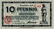 1921 AD., Germany, Weimar Republic, KÃ¶ln (Cologne) city, Notgeld, 10 Pfennig, Grabowski K30.18a. Obverse