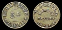 1840-1900 AD., Great Britain, Threepence Pub Token for Bagatelle Tables, P. Powell, Rodney Tavern, 49 Thorp St., Birmingham.