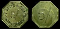 1900-1960 AD., Great Britain, England, Birmingham,  J. V. White & Co. Ltd., five shillings market check token.